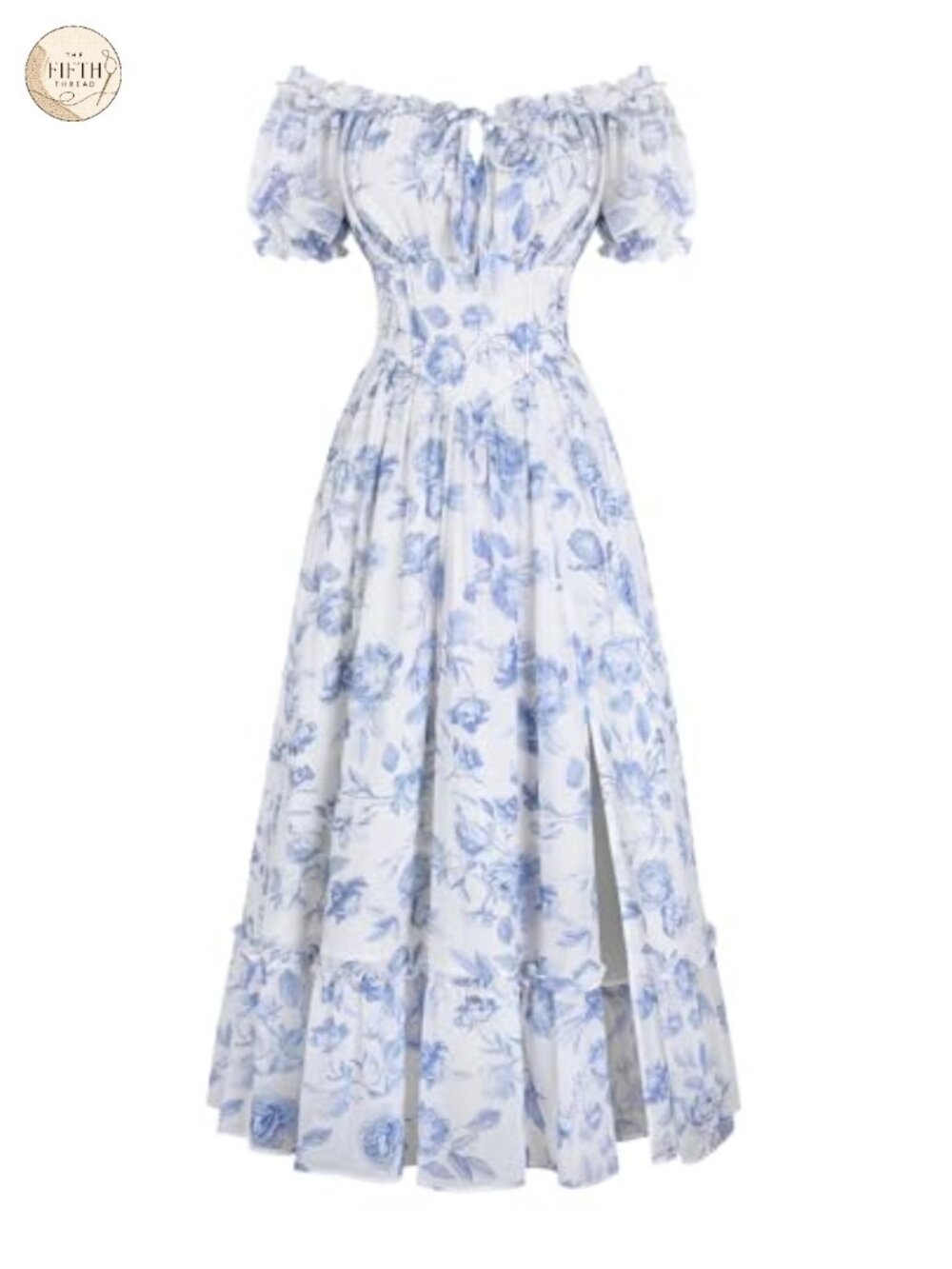 Floral Corset Midi Dress with Puff Sleeves & Split Hem